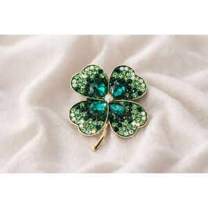 St. Patrick's Day Lucky Four-Leaf Clover Shamrock Rhinestone Brooch